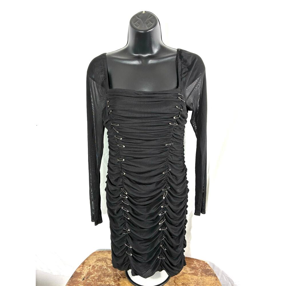 Leith Black Ruched Mesh Dress Safety Pin Detail L